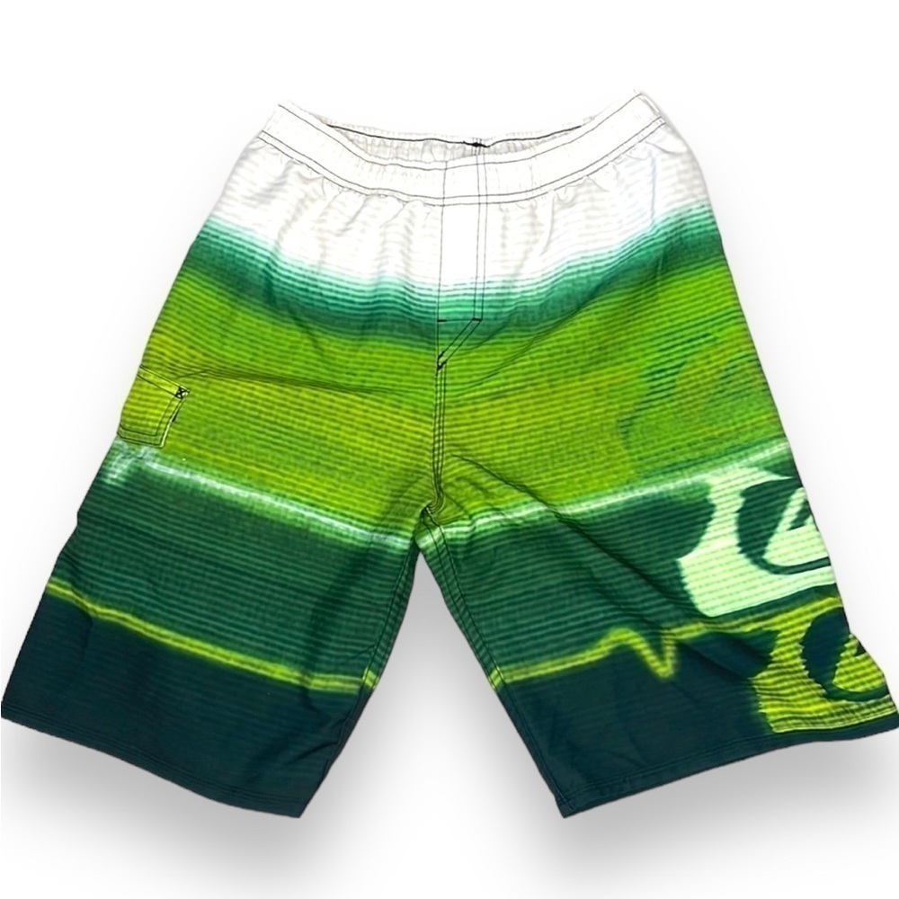 Boys XL board shorts swim trunks neon green white Quicksilver striped swimsuit
